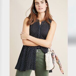 Anthropologie Nia polka dot tunic with crochet trim button down sleeveless